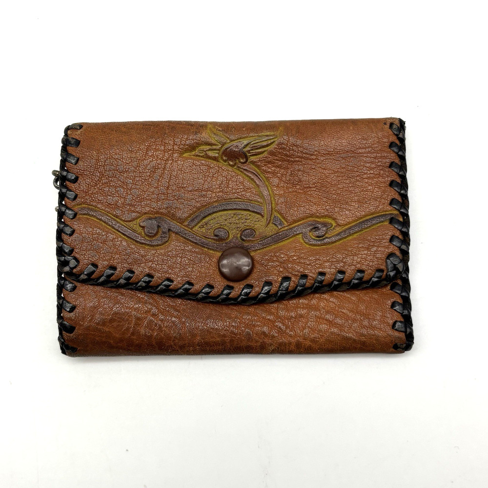 Vintage 70s Meeker Made Brown Tooled Whipstitch Leather 6 Key Holder Wallet